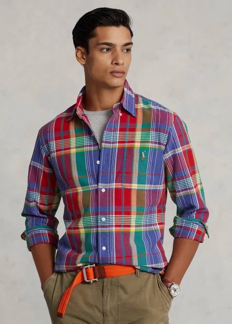 Men Ralph Lauren Classic Fit Plaid Oxford Shirt 4DJ28405 Red/Blue Multi
