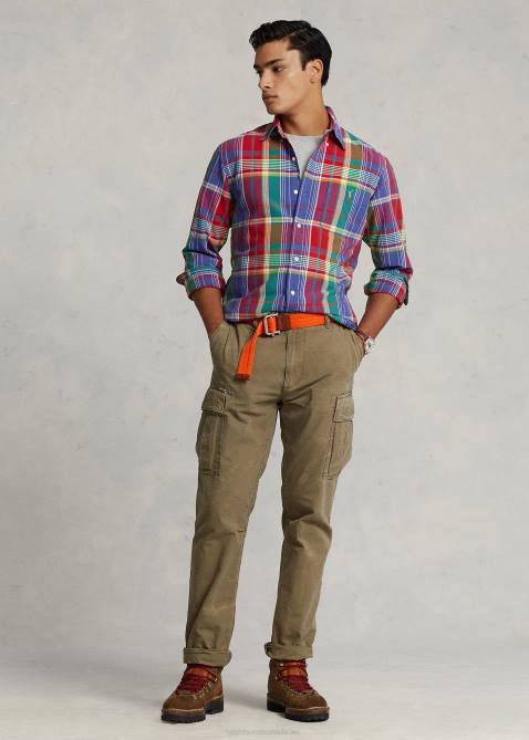 Men Ralph Lauren Classic Fit Plaid Oxford Shirt 4DJ28405 Red/Blue Multi