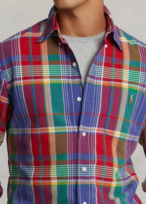 Men Ralph Lauren Classic Fit Plaid Oxford Shirt 4DJ28405 Red/Blue Multi