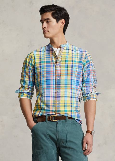 Men Ralph Lauren Classic Fit Plaid Oxford Shirt 4DJ2970 Yellow/Turquoise