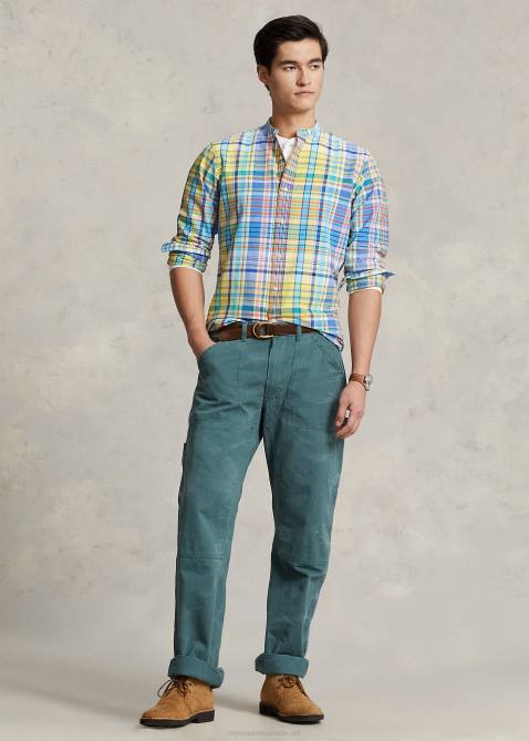 Men Ralph Lauren Classic Fit Plaid Oxford Shirt 4DJ2970 Yellow/Turquoise