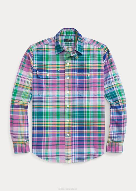 Men Ralph Lauren Classic Fit Plaid Oxford Workshirt 4DJ2920 Pink/Green Multi