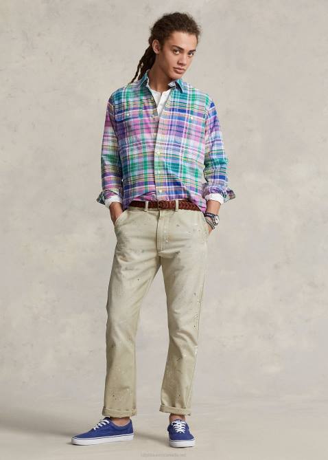 Men Ralph Lauren Classic Fit Plaid Oxford Workshirt 4DJ2920 Pink/Green Multi