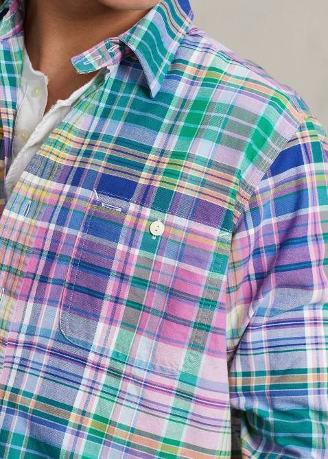 Men Ralph Lauren Classic Fit Plaid Oxford Workshirt 4DJ2920 Pink/Green Multi