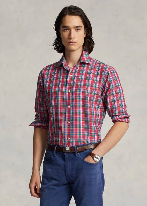 Men Ralph Lauren Classic Fit Plaid Performance Shirt 4DJ28668 Deep Pink/Royal Multi