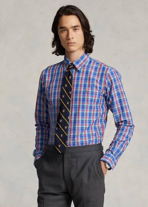 Men Ralph Lauren Classic Fit Plaid Performance Shirt 4DJ28669 Royal/Deep Pink Multi