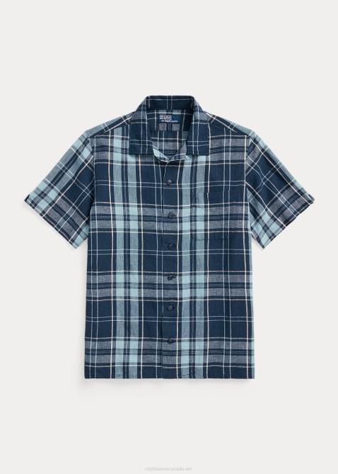 Men Ralph Lauren Classic Fit Plaid Poplin Camp Shirt 4DJ2767 Indigo Khaki
