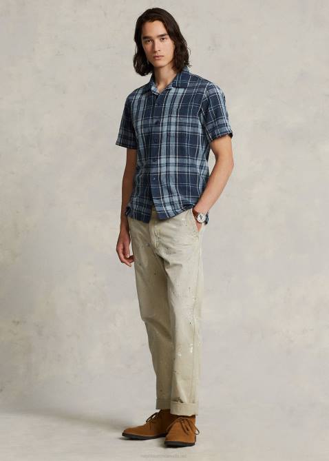 Men Ralph Lauren Classic Fit Plaid Poplin Camp Shirt 4DJ2767 Indigo Khaki