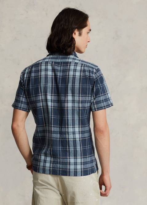 Men Ralph Lauren Classic Fit Plaid Poplin Camp Shirt 4DJ2767 Indigo Khaki