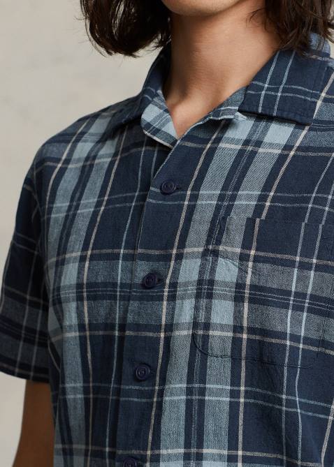 Men Ralph Lauren Classic Fit Plaid Poplin Camp Shirt 4DJ2767 Indigo Khaki