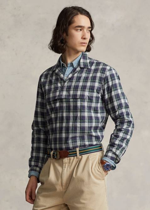 Men Ralph Lauren Classic Fit Plaid Poplin Popover Shirt 4DJ21271 Green/Yellow Multi