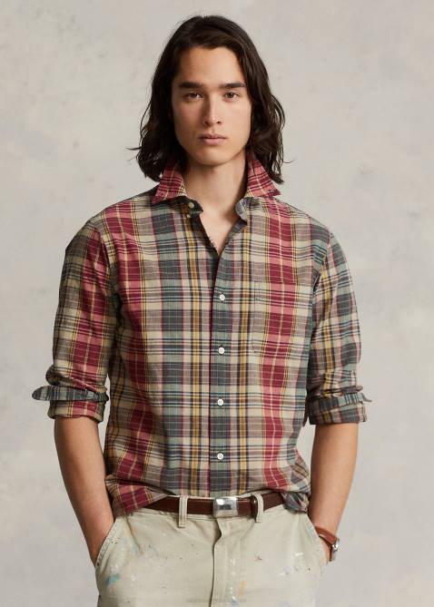 Men Ralph Lauren Classic Fit Plaid Shirt 4DJ28430 Beige/Red Multi