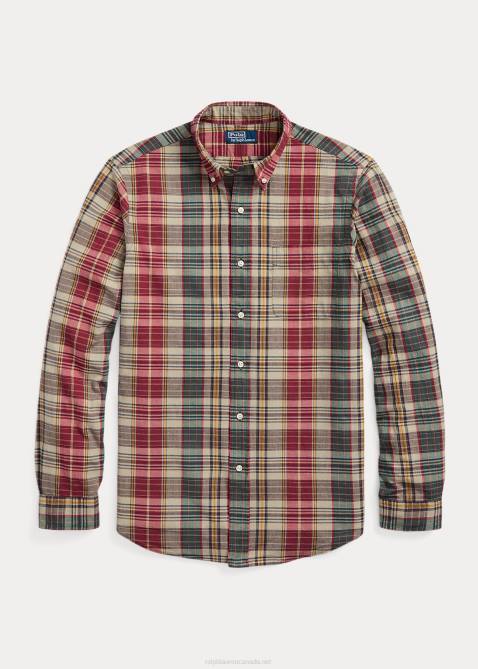 Men Ralph Lauren Classic Fit Plaid Shirt 4DJ28430 Beige/Red Multi