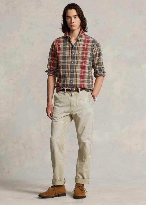 Men Ralph Lauren Classic Fit Plaid Shirt 4DJ28430 Beige/Red Multi