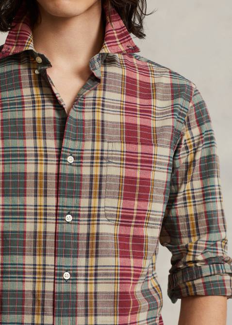 Men Ralph Lauren Classic Fit Plaid Shirt 4DJ28430 Beige/Red Multi