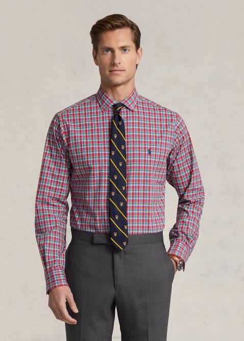 Men Ralph Lauren Classic Fit Plaid Stretch Poplin Shirt 4DJ2453 Red/Yellow Multi