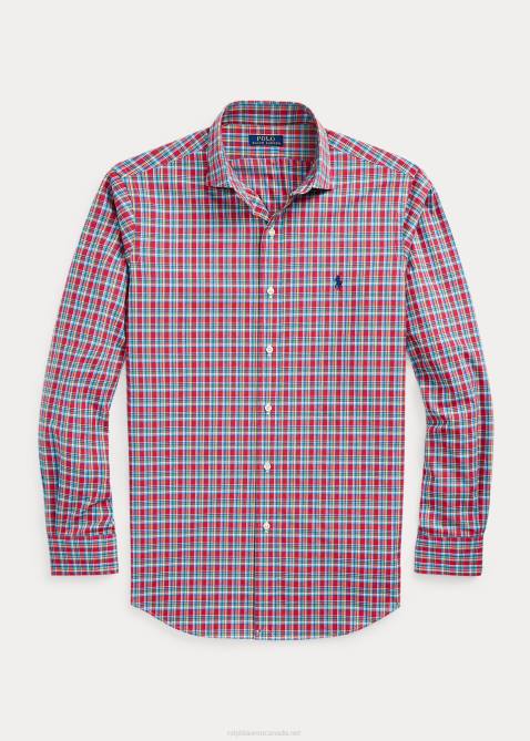 Men Ralph Lauren Classic Fit Plaid Stretch Poplin Shirt 4DJ2453 Red/Yellow Multi