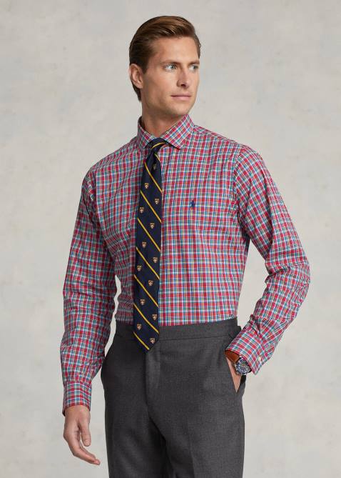 Men Ralph Lauren Classic Fit Plaid Stretch Poplin Shirt 4DJ2453 Red/Yellow Multi