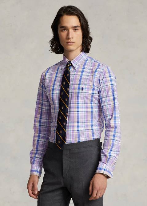 Men Ralph Lauren Classic Fit Plaid Stretch Poplin Shirt 4DJ2572 Purple/Yellow Multi