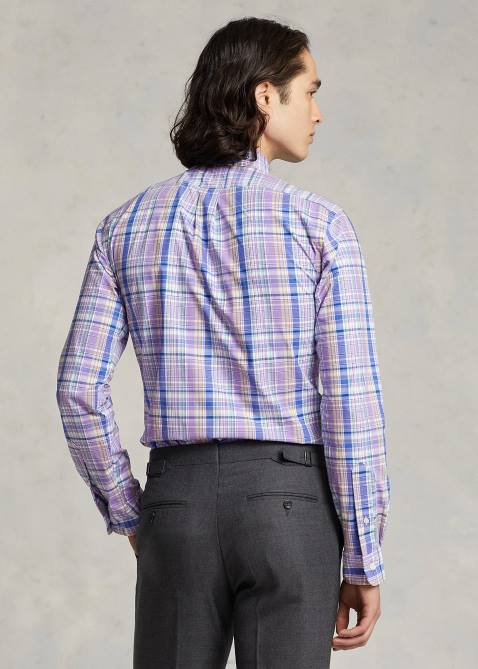 Men Ralph Lauren Classic Fit Plaid Stretch Poplin Shirt 4DJ2572 Purple/Yellow Multi