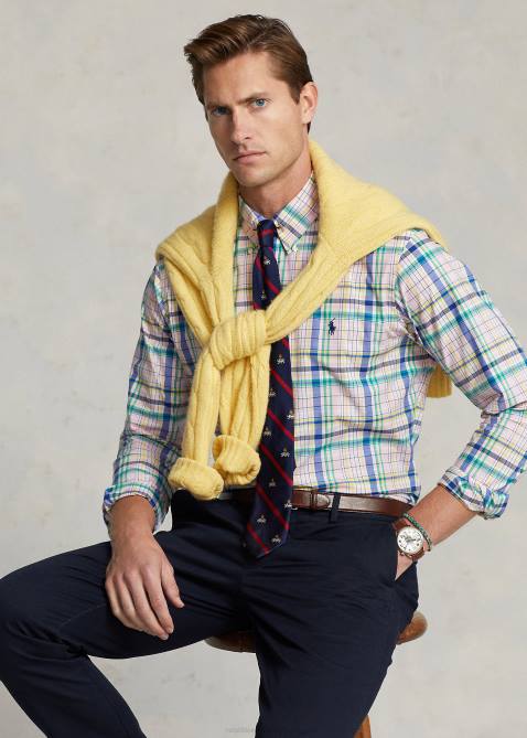 Men Ralph Lauren Classic Fit Plaid Stretch Poplin Shirt 4DJ2573 Pink/Green Multi