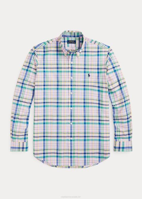 Men Ralph Lauren Classic Fit Plaid Stretch Poplin Shirt 4DJ2573 Pink/Green Multi