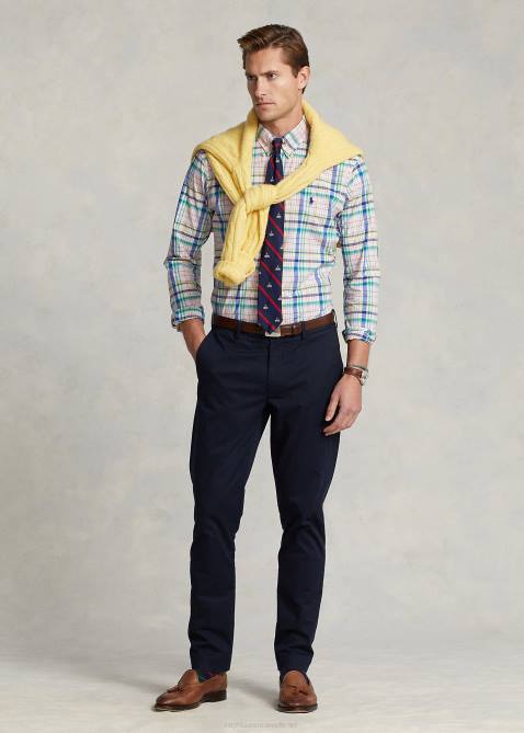 Men Ralph Lauren Classic Fit Plaid Stretch Poplin Shirt 4DJ2573 Pink/Green Multi