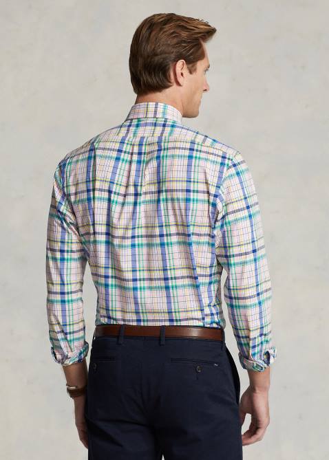 Men Ralph Lauren Classic Fit Plaid Stretch Poplin Shirt 4DJ2573 Pink/Green Multi