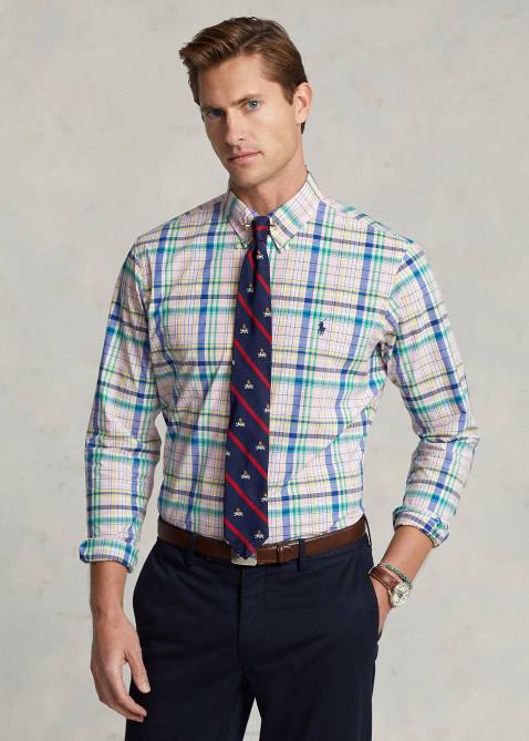 Men Ralph Lauren Classic Fit Plaid Stretch Poplin Shirt 4DJ2573 Pink/Green Multi
