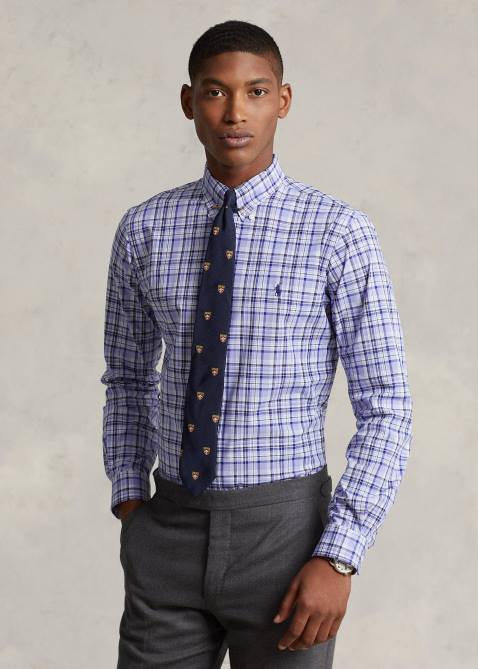 Men Ralph Lauren Classic Fit Plaid Stretch Poplin Shirt 4DJ2574 Light Blue Multi