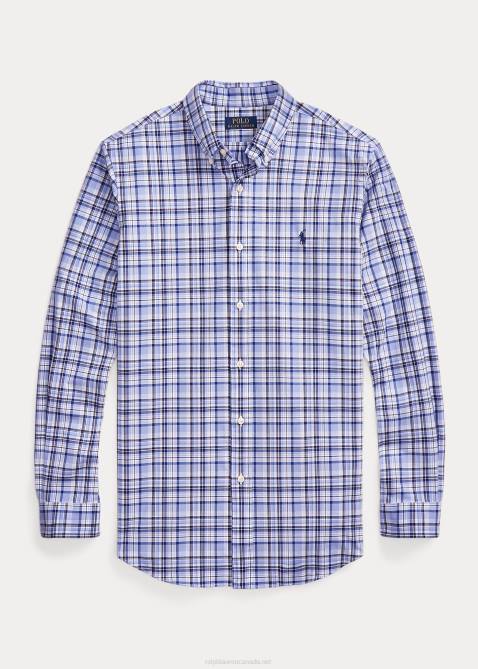 Men Ralph Lauren Classic Fit Plaid Stretch Poplin Shirt 4DJ2574 Light Blue Multi