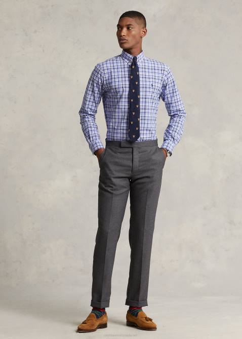 Men Ralph Lauren Classic Fit Plaid Stretch Poplin Shirt 4DJ2574 Light Blue Multi