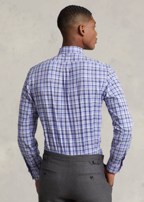 Men Ralph Lauren Classic Fit Plaid Stretch Poplin Shirt 4DJ2574 Light Blue Multi