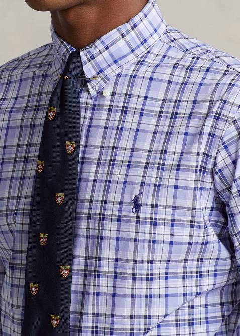 Men Ralph Lauren Classic Fit Plaid Stretch Poplin Shirt 4DJ2574 Light Blue Multi