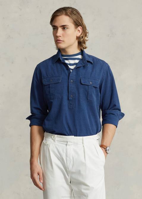 Men Ralph Lauren Classic Fit Poplin Popover Workshirt 4DJ21164 Indigo Texture