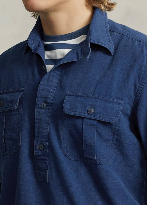 Men Ralph Lauren Classic Fit Poplin Popover Workshirt 4DJ21164 Indigo Texture