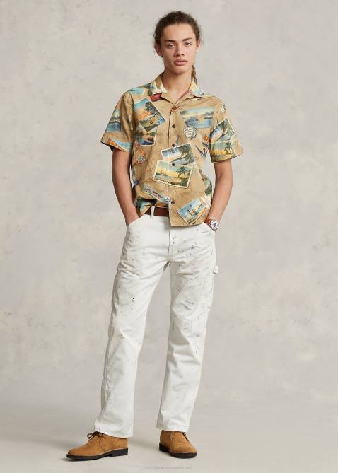 Men Ralph Lauren Classic Fit Postcard-Print Chino Shirt 4DJ2663 Wish You Were Here