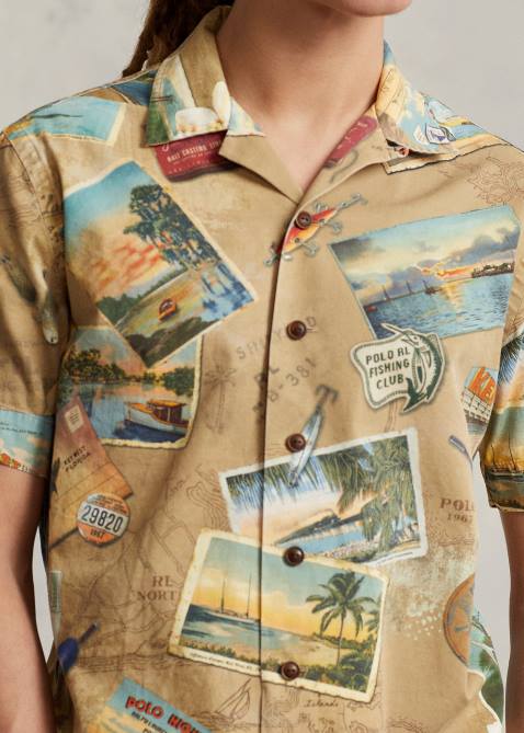 Men Ralph Lauren Classic Fit Postcard-Print Chino Shirt 4DJ2663 Wish You Were Here