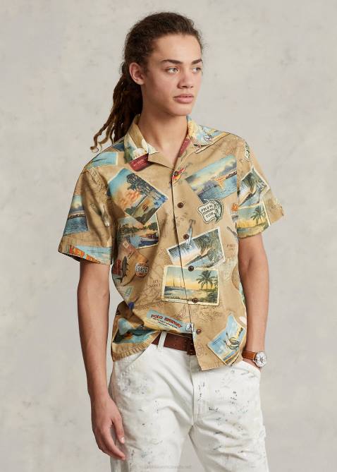 Men Ralph Lauren Classic Fit Postcard-Print Chino Shirt 4DJ2663 Wish You Were Here