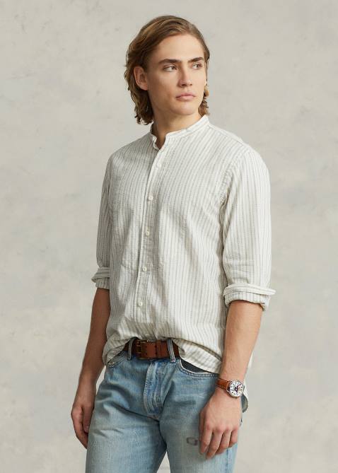 Men Ralph Lauren Classic Fit Stitched-Bib Dobby Shirt 4DJ28442 Off White/Navy Multi