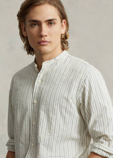 Men Ralph Lauren Classic Fit Stitched-Bib Dobby Shirt 4DJ28442 Off White/Navy Multi