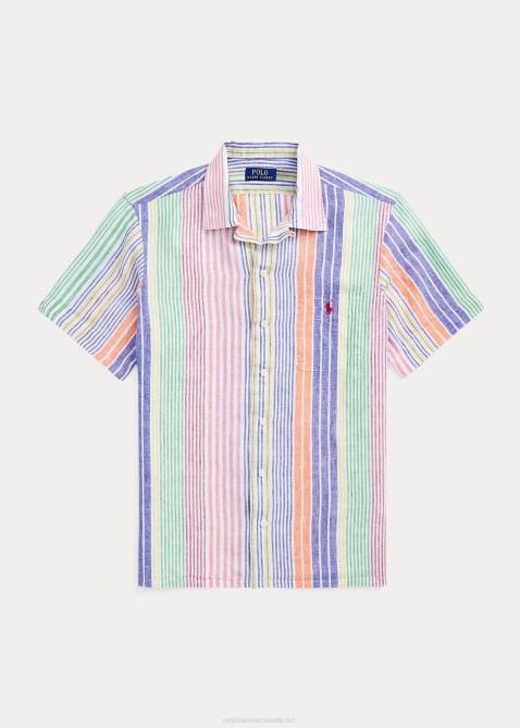 Men Ralph Lauren Classic Fit Striped Linen Camp Shirt 4DJ21009 White/Royal Multi