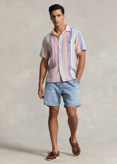 Men Ralph Lauren Classic Fit Striped Linen Camp Shirt 4DJ21009 White/Royal Multi