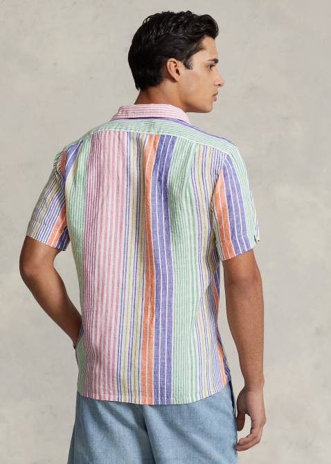 Men Ralph Lauren Classic Fit Striped Linen Camp Shirt 4DJ21009 White/Royal Multi