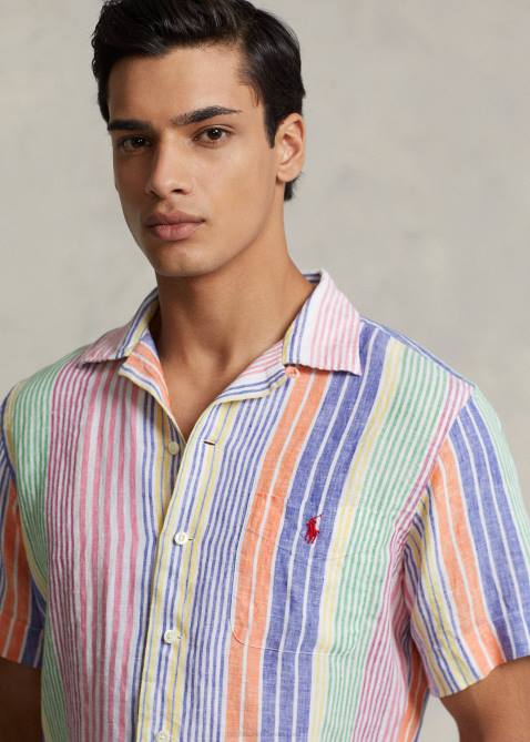 Men Ralph Lauren Classic Fit Striped Linen Camp Shirt 4DJ21009 White/Royal Multi