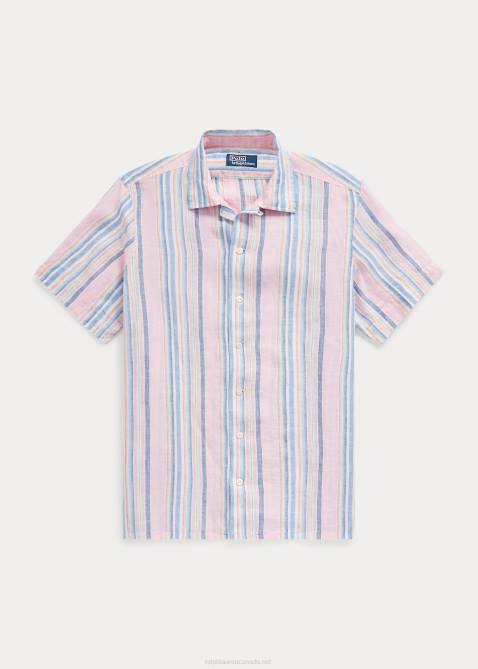 Men Ralph Lauren Classic Fit Striped Linen Camp Shirt 4DJ21015 Pink/Navy Multi
