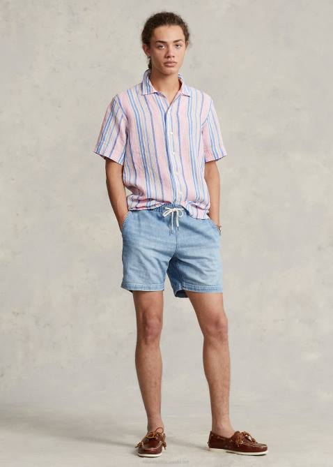 Men Ralph Lauren Classic Fit Striped Linen Camp Shirt 4DJ21015 Pink/Navy Multi