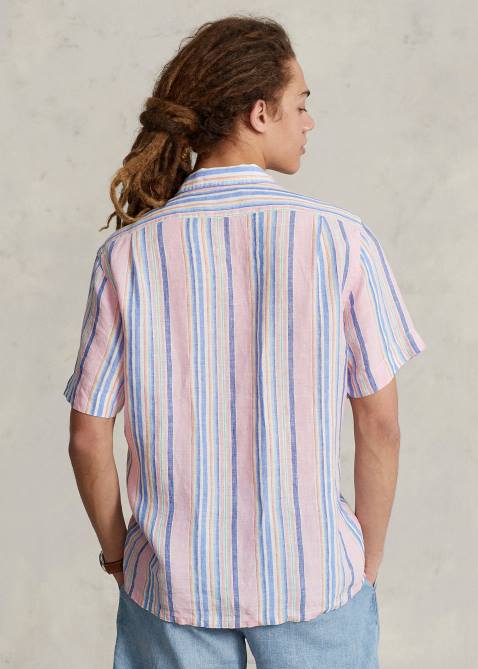 Men Ralph Lauren Classic Fit Striped Linen Camp Shirt 4DJ21015 Pink/Navy Multi