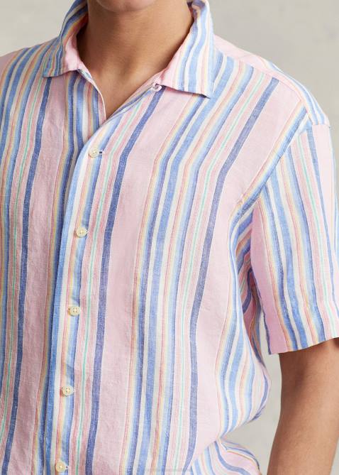 Men Ralph Lauren Classic Fit Striped Linen Camp Shirt 4DJ21015 Pink/Navy Multi