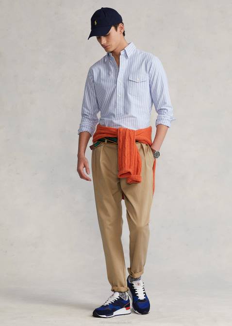 Men Ralph Lauren Classic Fit Striped Oxford Popover Shirt 4DJ2930 Blue/White